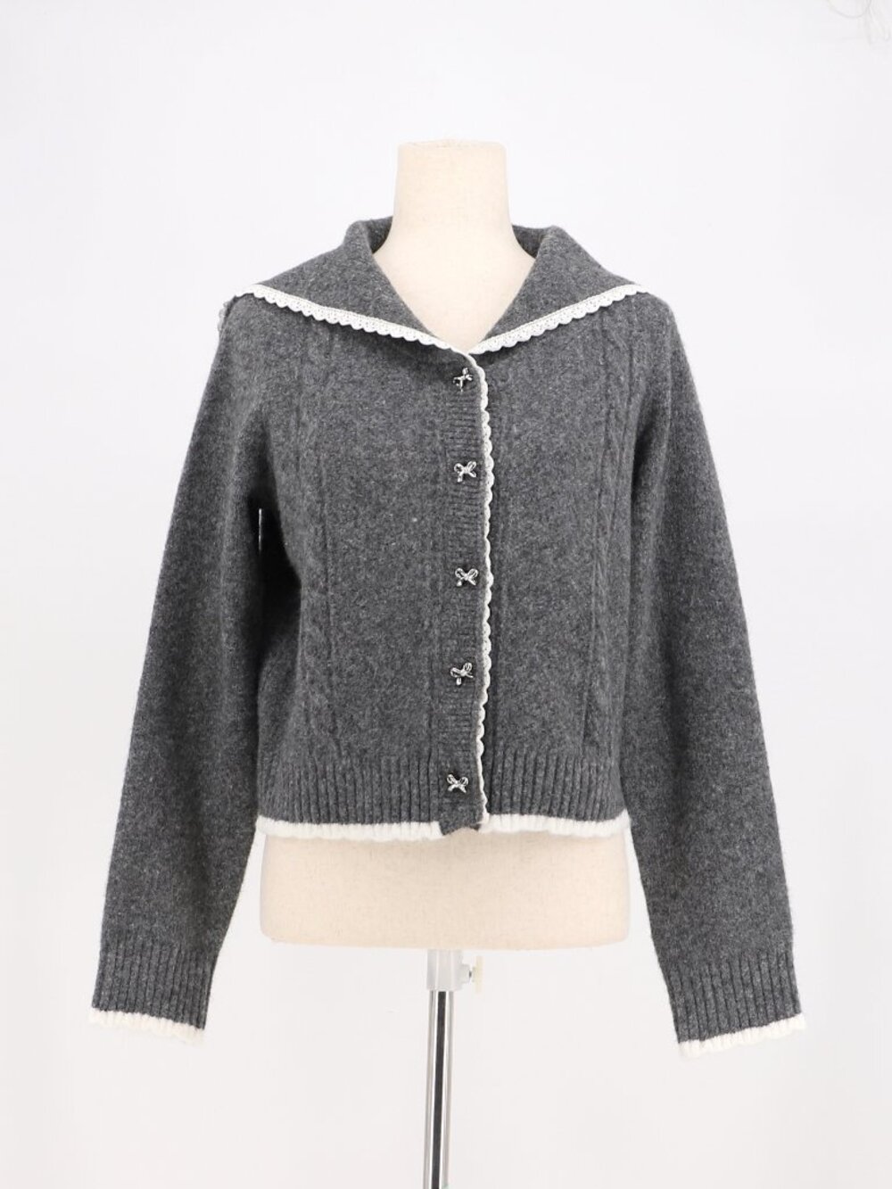 URBAN REVIVO Sailor Collar Knit Cardigan Sweater Lace Scallop Trim Gray Size 10